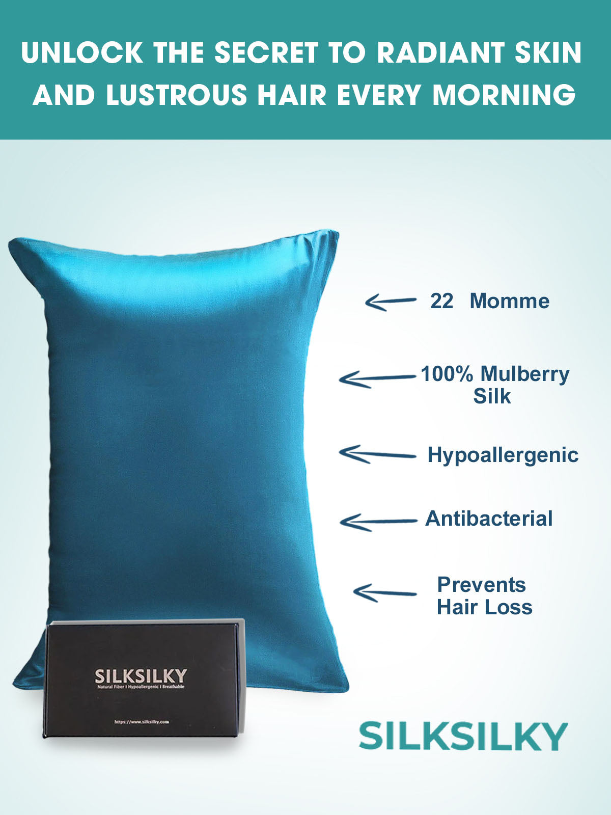 22Momme 100% Pure Silk Pillowcase - Hidden Zipper - [Teal] SilkSilky  22Momme Pillowcase 003