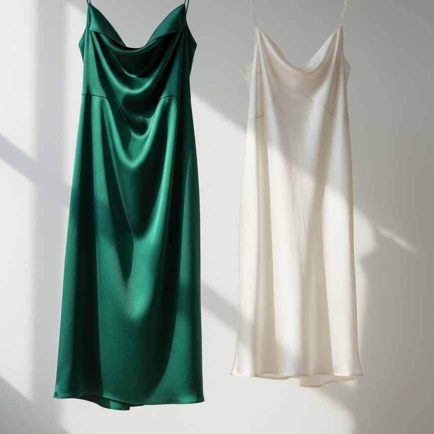 A luxurious silk dress and camisole hanging side by side, one with elegant structured drape and the other with a soft fluid look, soft studio lighting highlighting fabric texture and flow