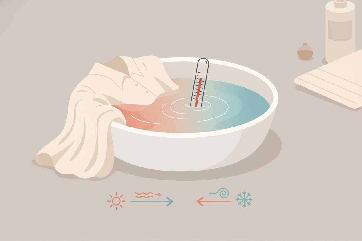 An editorial illustration showing a silk garment beside a washing bowl and a thermometer, suggesting safe temperature choices for silk care.