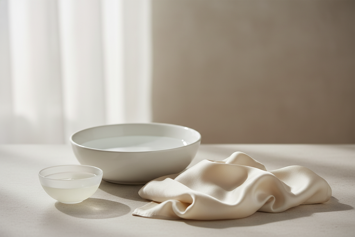 Silk fabric care concept showing gentle washing and detergent choice