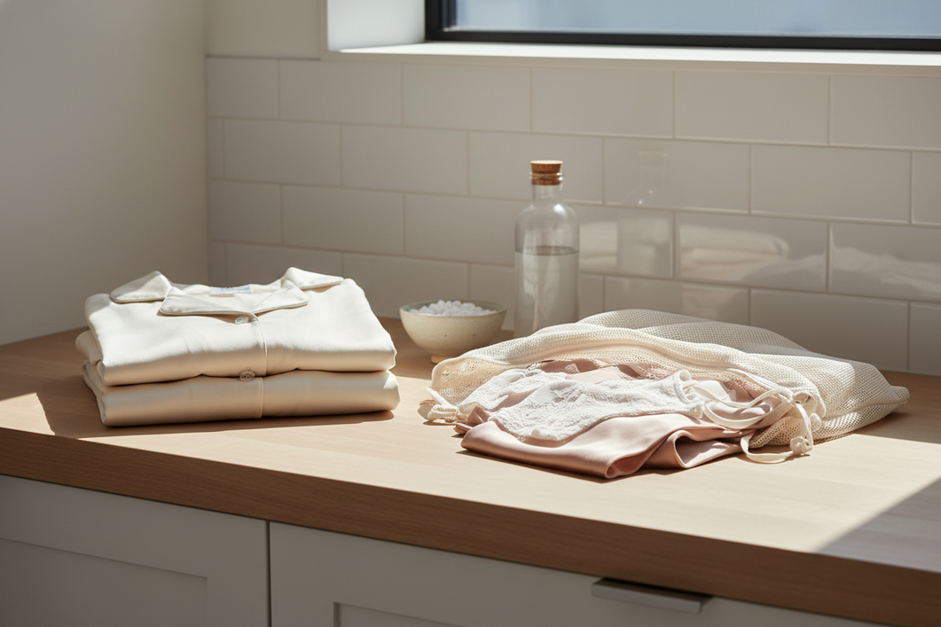 Silk pajamas prepared for a gentle wash with other delicate garments