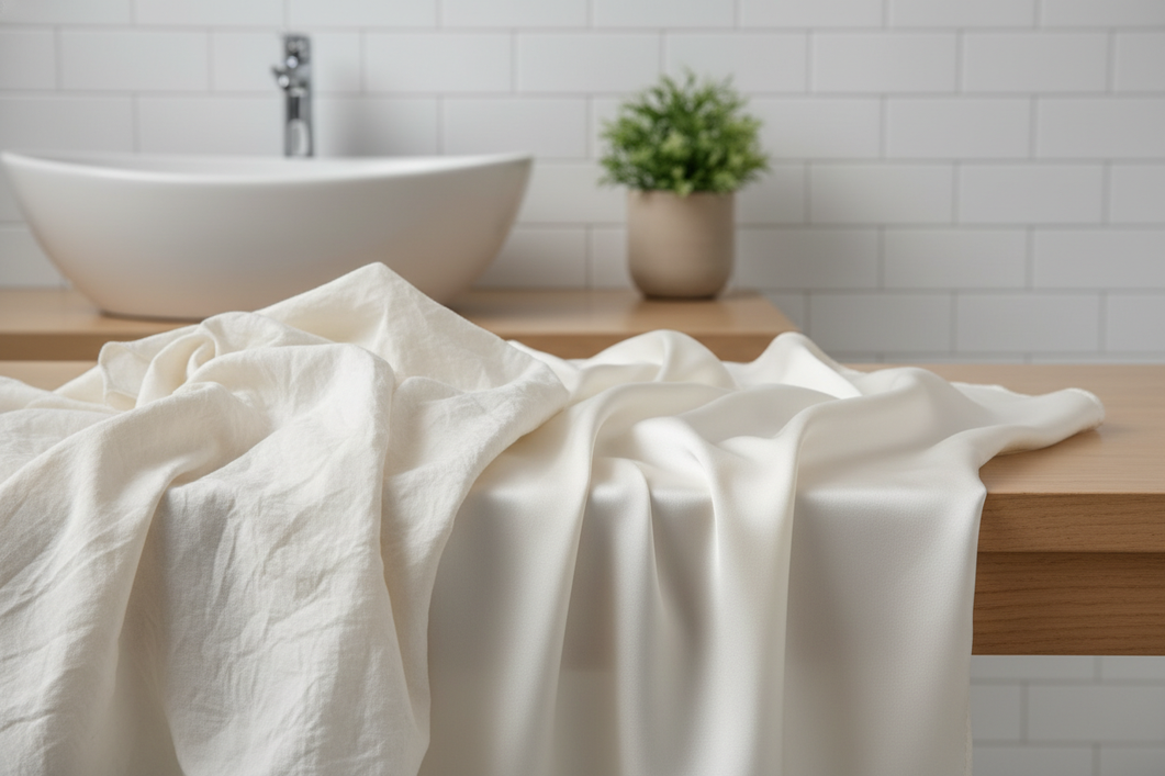 Silk fabric before and after washing, showing the difference between a stiff crunchy texture and a softer drape.
