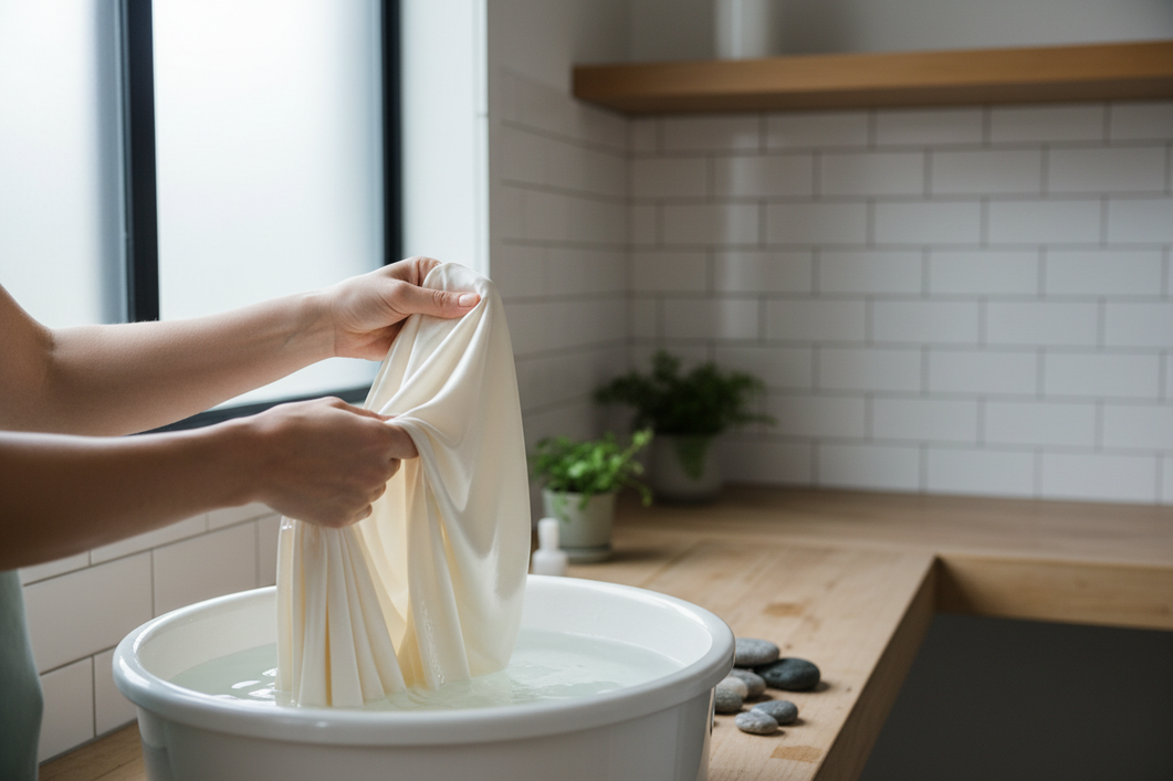 Silk fabric being gently rinsed in cool water to remove detergent residue