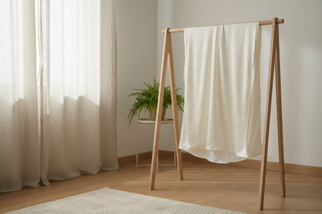 Silk pillowcase drying in a shaded, ventilated room after a sour smell develops between washes