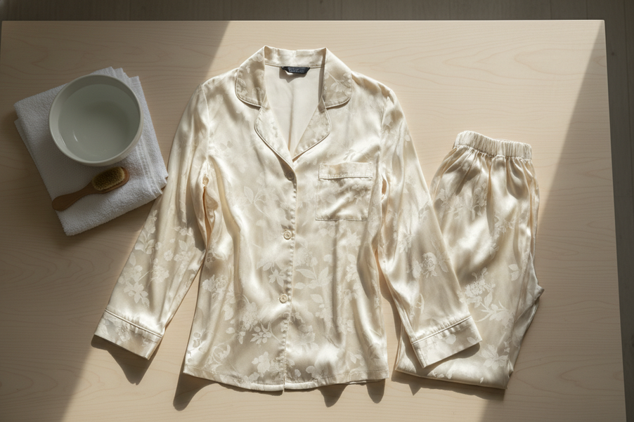 A delicate silk pajama set laid out for inspection before gentle cleaning, with soft light and a calm home laundry setting.