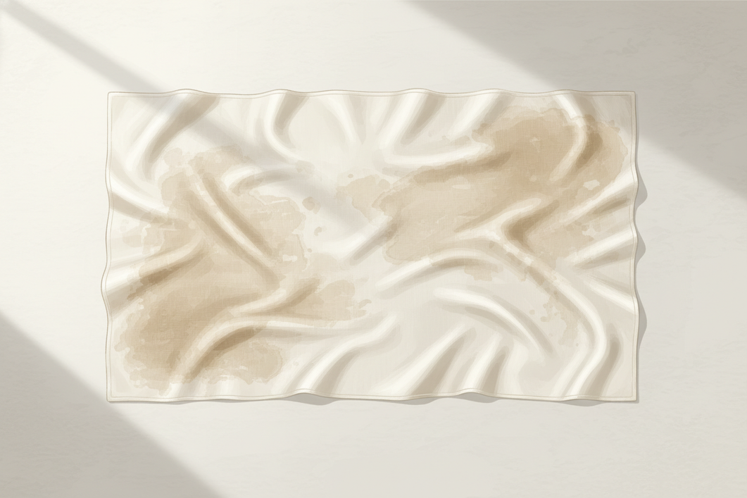 Silk fabric showing darker wet areas next to lighter drying areas.