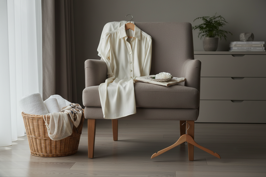 An elegant silk blouse hanging beside a laundry basket and a chair, suggesting the decision of whether to wash it now or later.