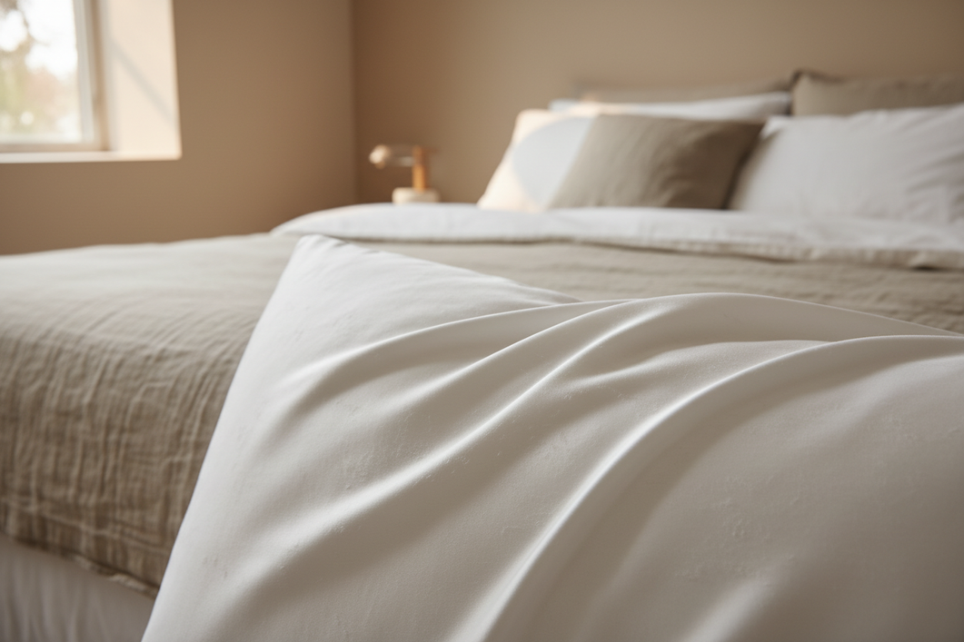 Close-up of a silk pillowcase with light pilling and fuzzing after repeated washing