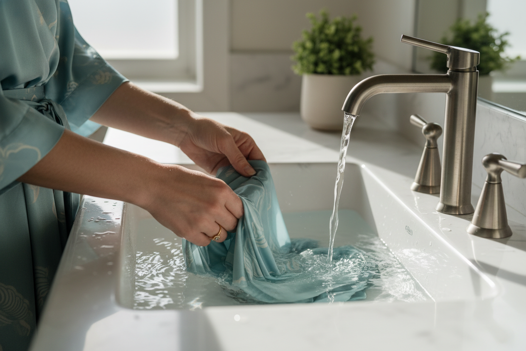 A silk garment being gently rinsed after chlorine or saltwater exposure