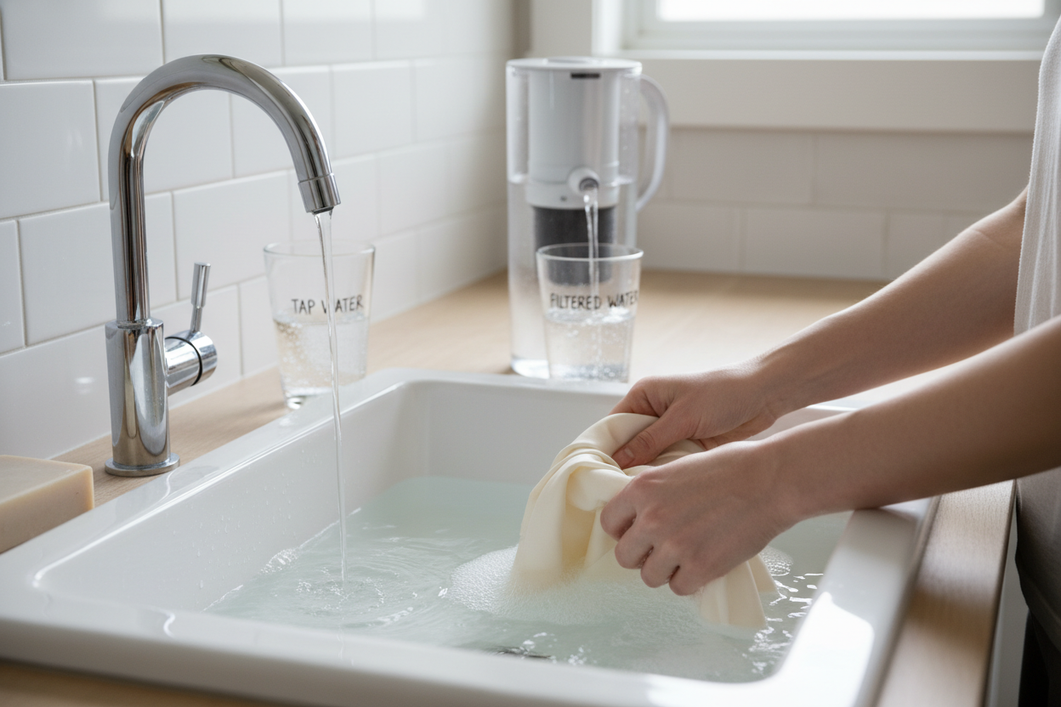 A person gently hand-washing a silk garment in a basin beside two labeled water sources, one tap and one filtered, to compare water quality for fabric care.