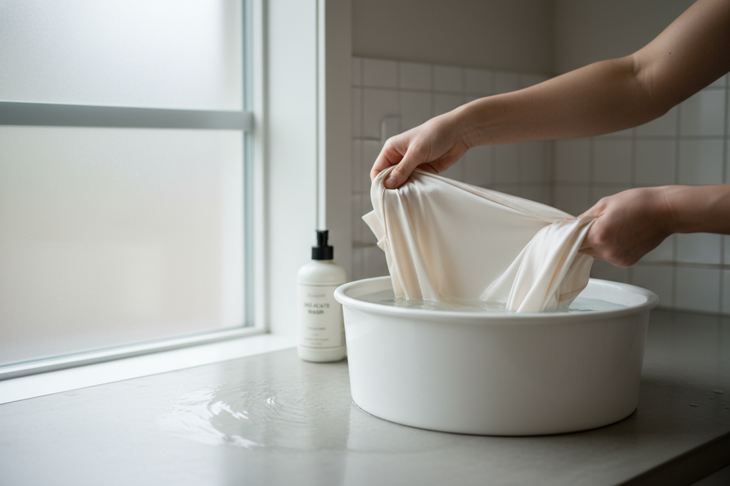 A silk garment being rinsed gently in a clean basin with cool water