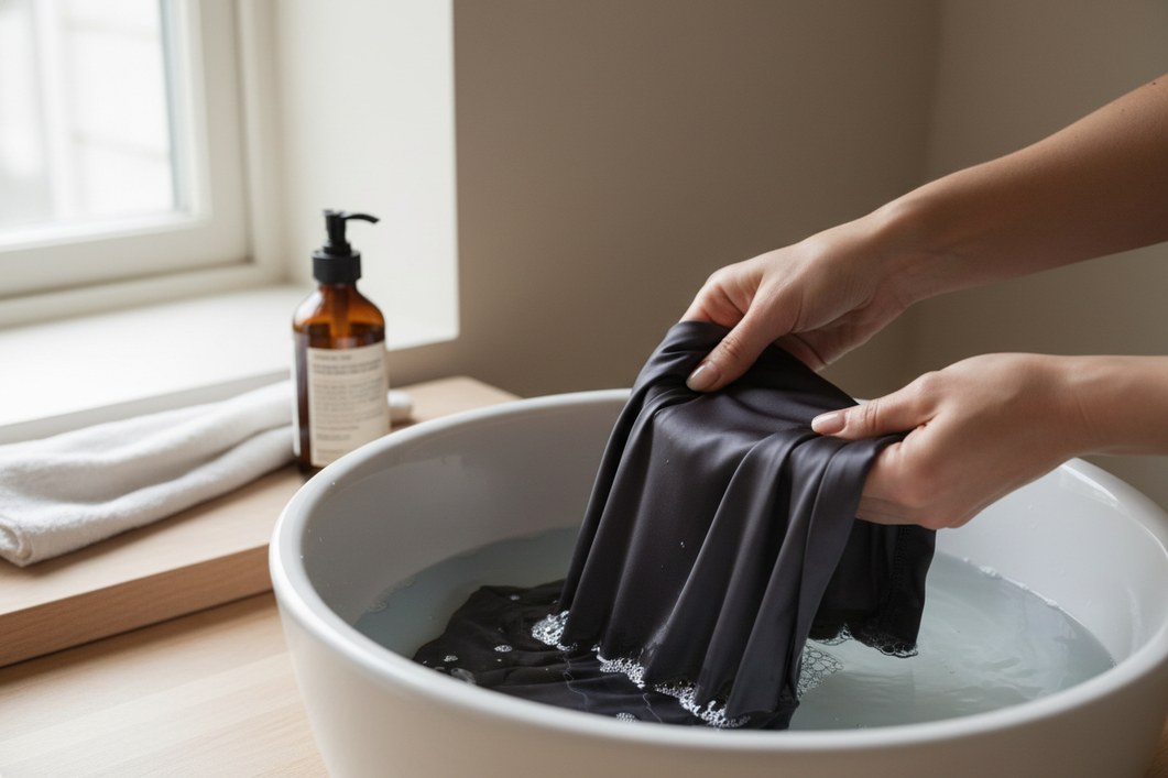 Dark silk garment being gently hand washed in a basin with cool water