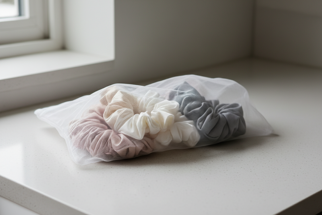 Silk scrunchies resting inside a mesh laundry bag with gentle laundry supplies nearby