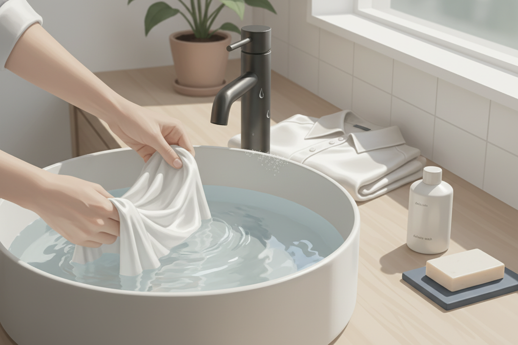 A gentle silk hand-washing setup with soft water flowing into a basin, showing the careful laundry routine needed for delicate fabric care.