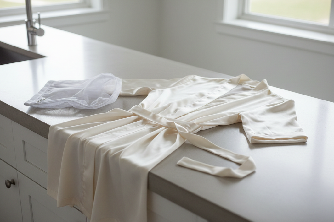 Silk robe with sash folded neatly for gentle washing preparation