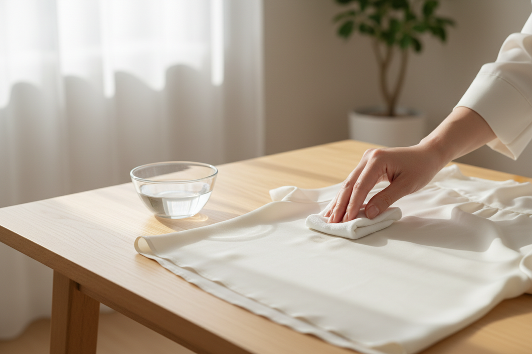 Silk garment being gently treated with a soft white cloth and a bowl of water to address a perfume spill.