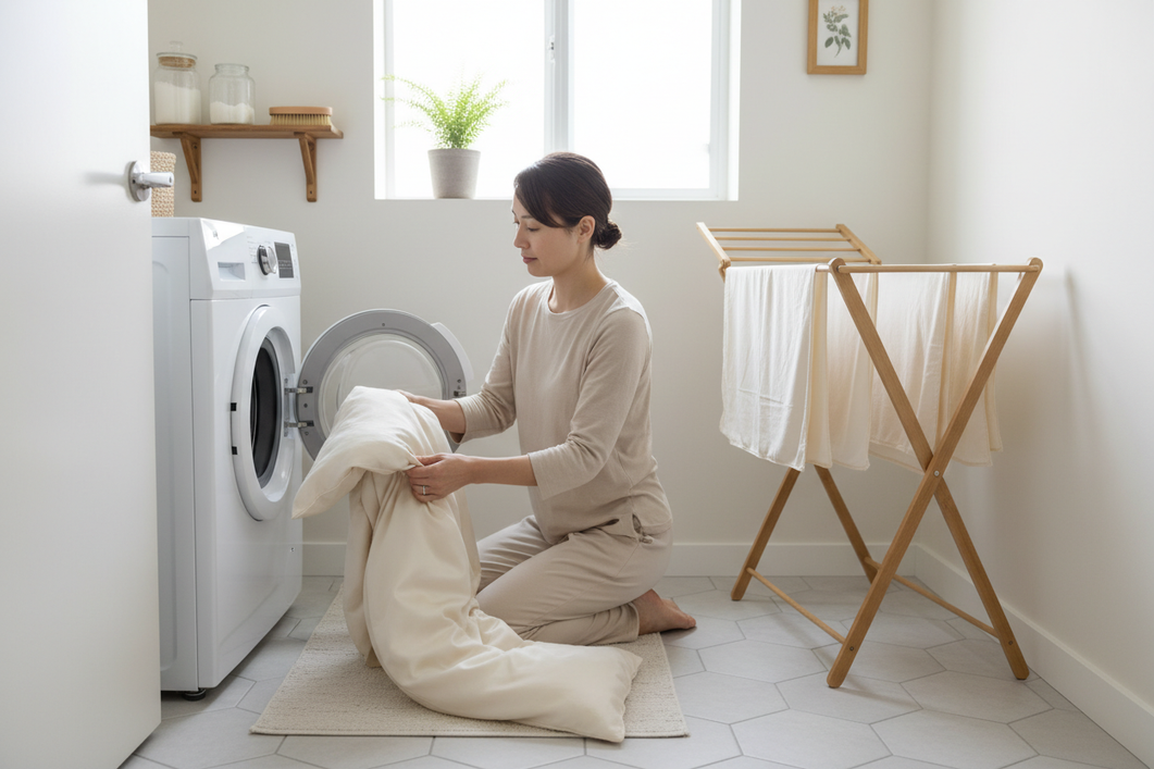 Editorial scene of a person preparing a silk duvet cover for gentle washing in a compact apartment laundry area without a bathtub.