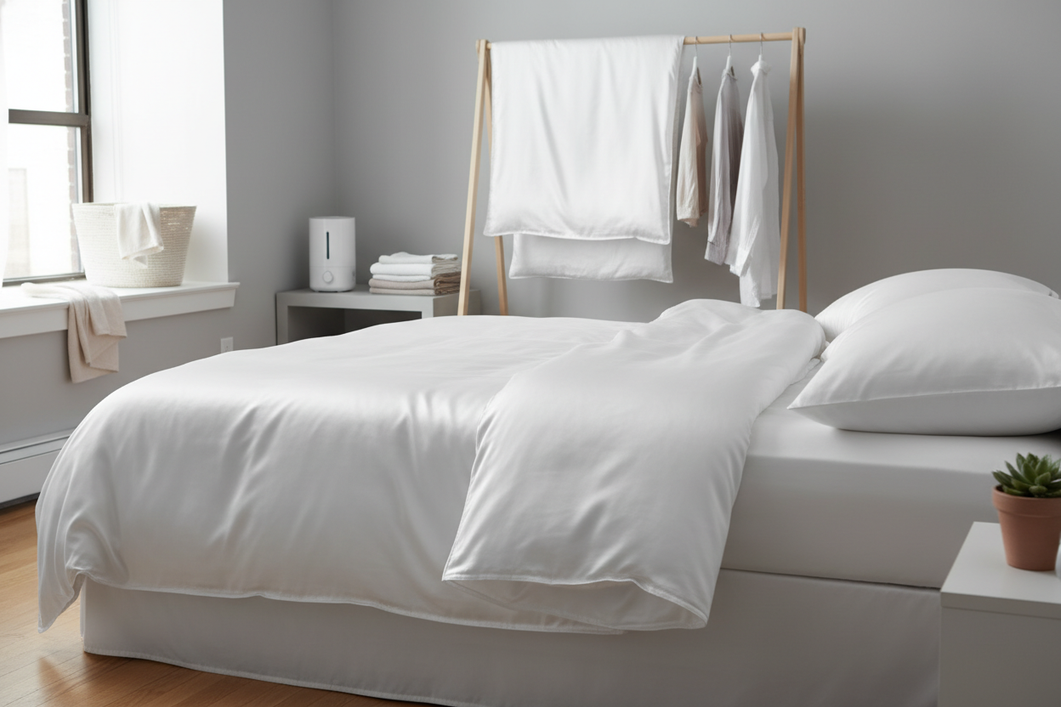 Silk sheets in a small bedroom setting