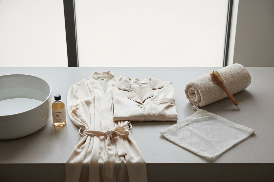 Silk loungewear laid flat with a delicate care setup for refreshing and washing between wears