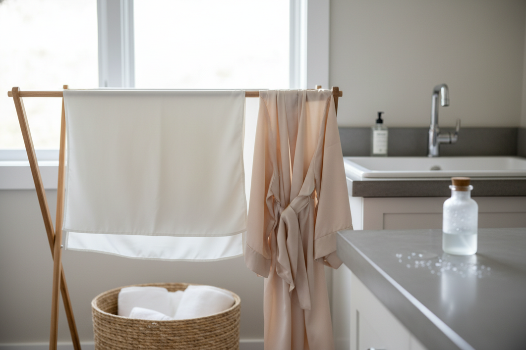 Silk pillowcase and robe drying softly in a calm laundry room, illustrating a normal damp silk scent check