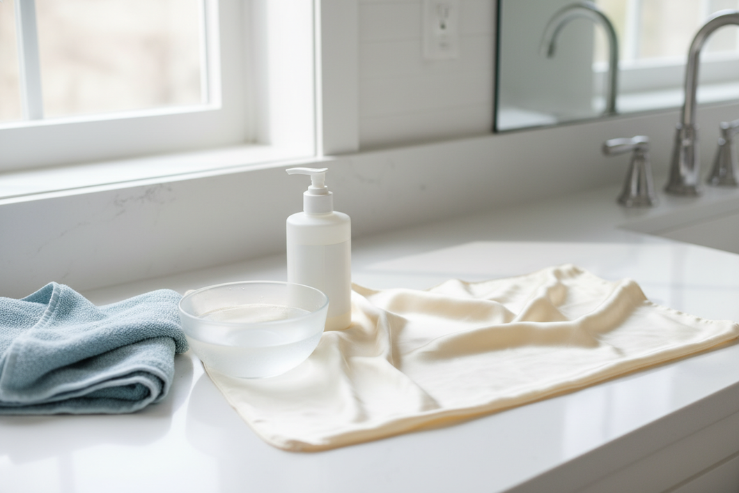 Silk pillowcase care setup for removing oil and skincare residue