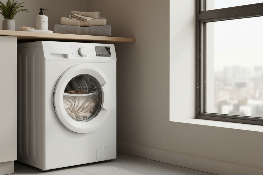 Silk sleepwear in a mesh bag inside a compact washer in a calm apartment laundry setup