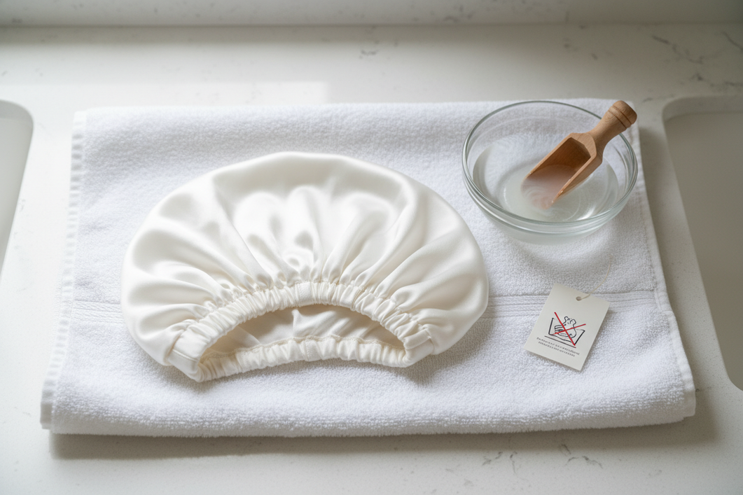Silk sleep bonnet laid flat on a towel with gentle detergent nearby for safe hand washing and flat drying
