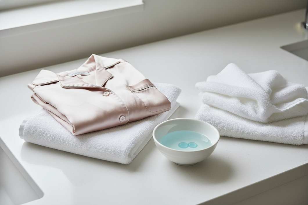 Silk pajamas, towel, and detergent arranged for gentle post-sweat care