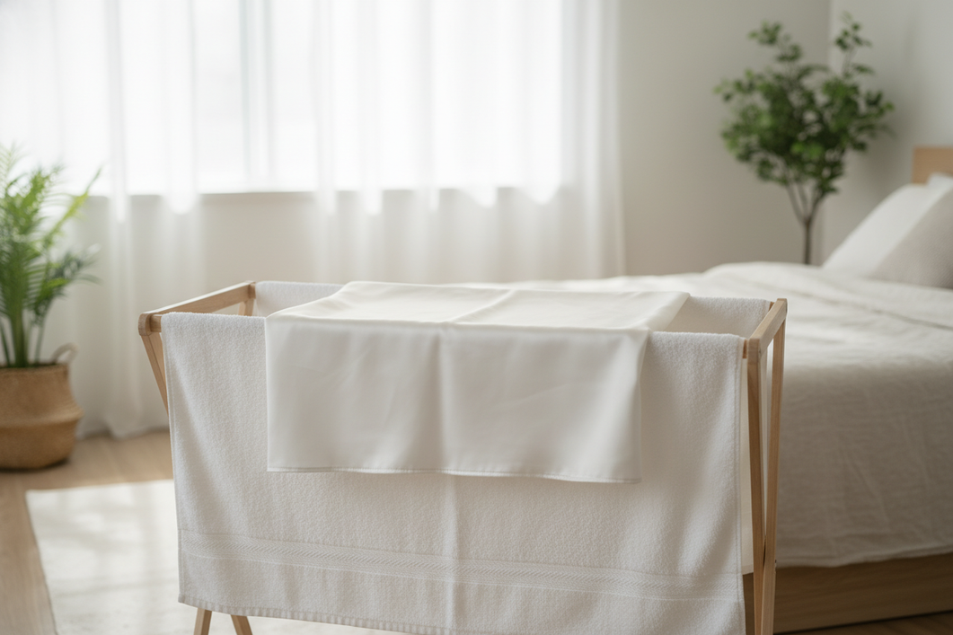 A neatly dried silk pillowcase laid flat in a bright, airy room to show gentle care and odor prevention.