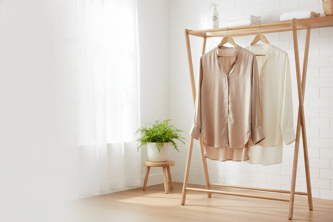 Two silky long-sleeve lounge shirts in beige and off-white hanging on a natural wooden garment rack inside a bright minimalist room with sheer white curtains, potted green fern plant and white brick wall backdrop