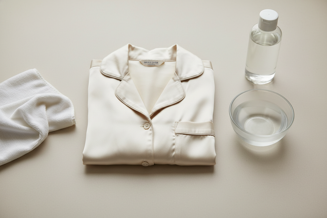Silk garment care scene showing deodorant stain treatment supplies beside a silk top