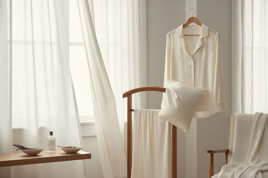 Silk pajamas and a pillowcase gently airing in a bright, calm room to remove smoke or cooking odors