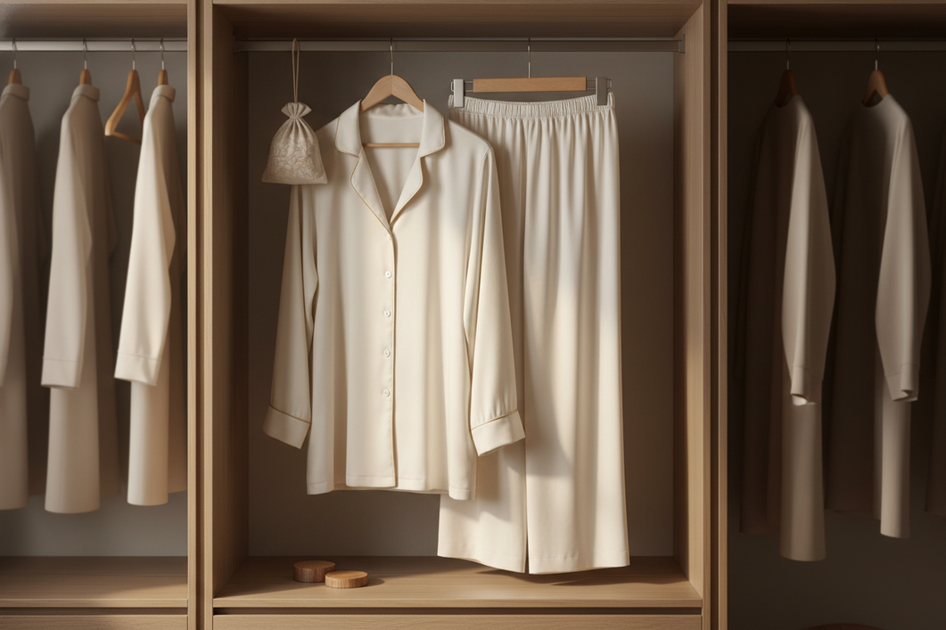 Silk pajamas airing in a shaded closet after mothball or cedar storage
