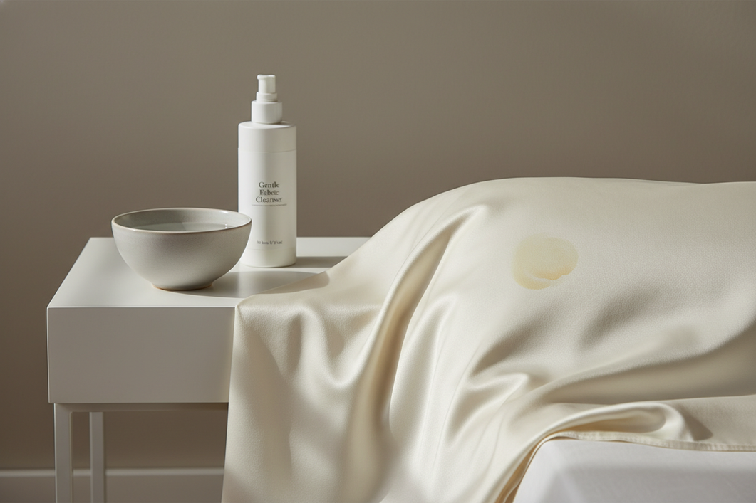Silk pillowcase with a faint vitamin C serum stain beside cool water and gentle wash supplies