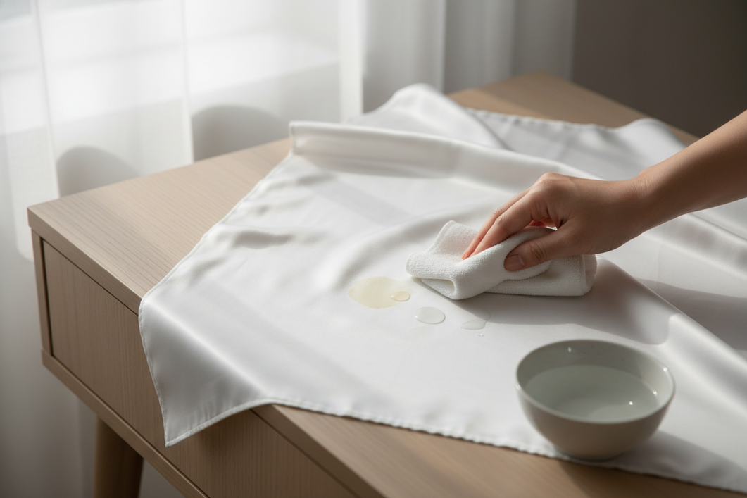 A luxury white silk pillowcase with a faint yellow skincare stain being gently treated with cool water and a mild detergent.