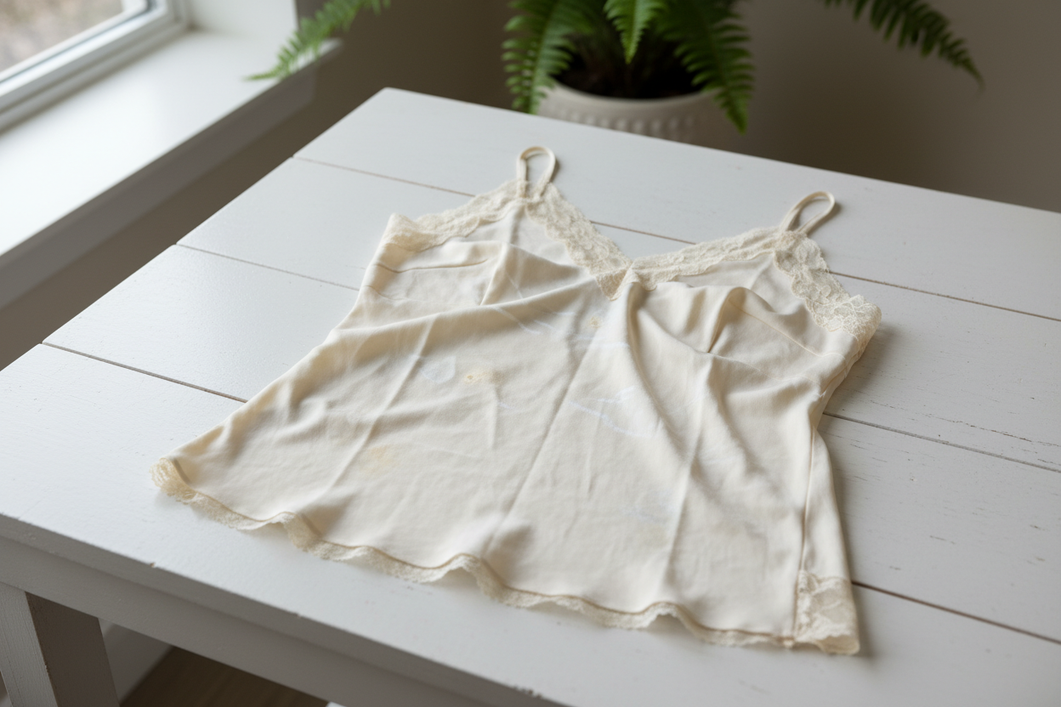 Silk fabric with visible white streaks and spots after washing, shown in soft natural light on a clean laundry surface.