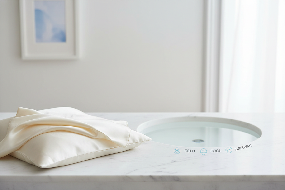 Silk washing temperature decision guide showing cold, cool, and lukewarm water choices for home care.