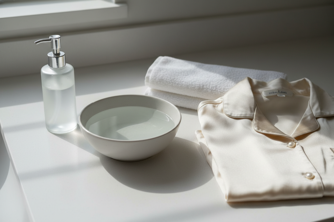 Silk care emergency setup with a clean basin, mild detergent, and folded towel