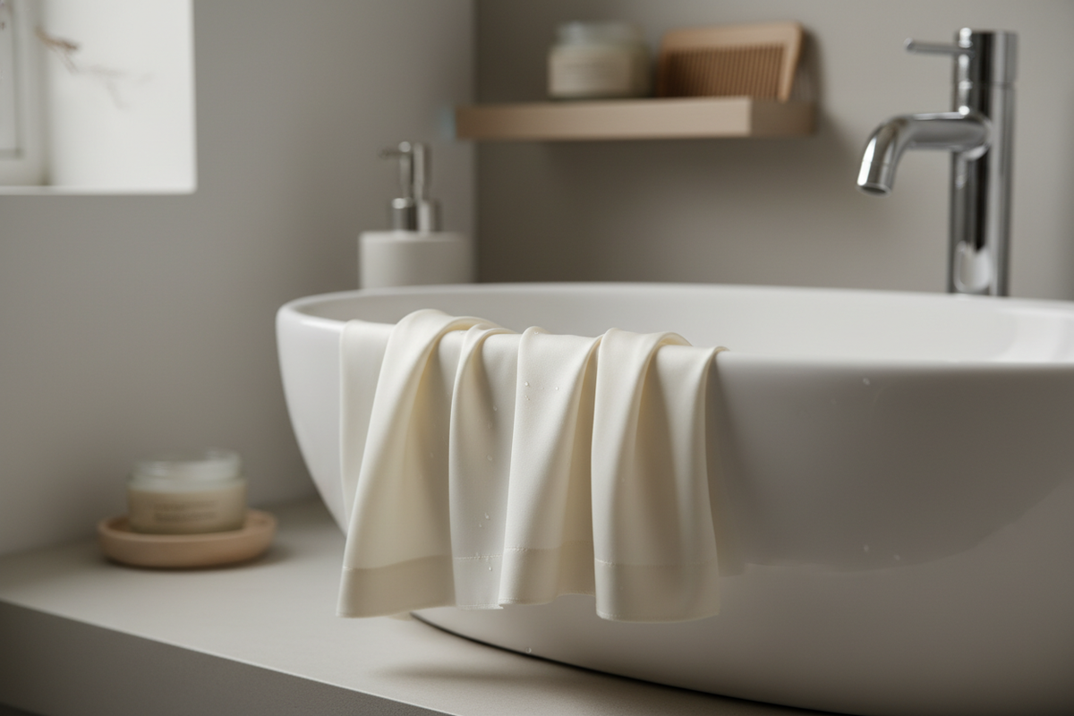 Wet silk fabric draped over a sink edge with a soft sheen and smooth folds