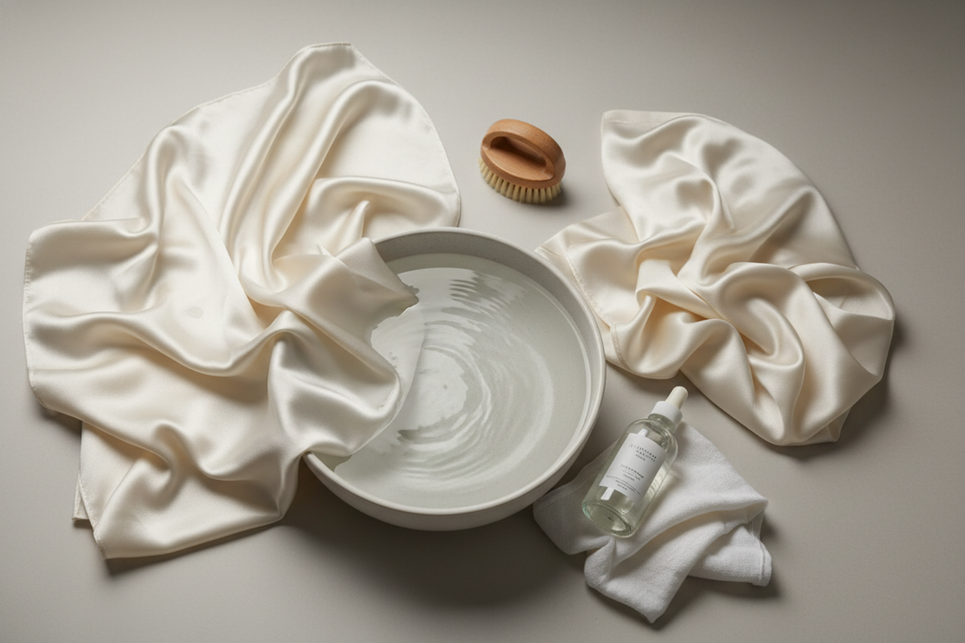 Silk fabric beside a gentle laundry setup with soft water, a basin, and mild care tools.