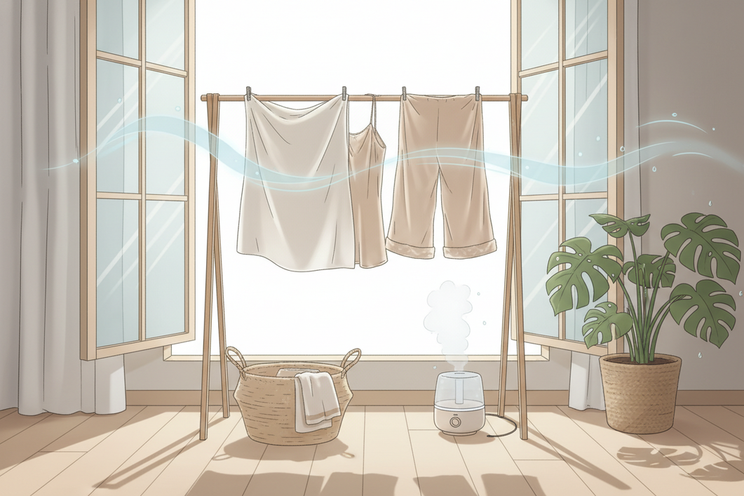 Illustration of silk pillowcase care with damp fabric, airflow, and drying setup