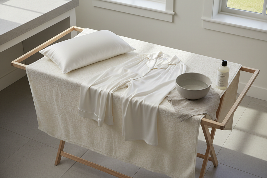 Silk pajamas laid flat to air dry after a gentle rinse in softened water