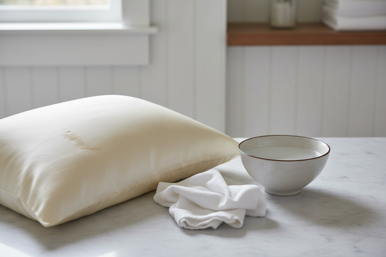 Silk pillowcase with a faint self-tanner stain and gentle cleaning supplies nearby