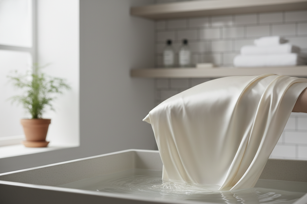Silk fabric regaining its sheen after a gentle rinse in soft water