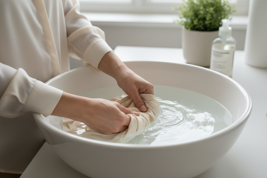 A silk blouse gently hand-washed in clear water inside a clean basin