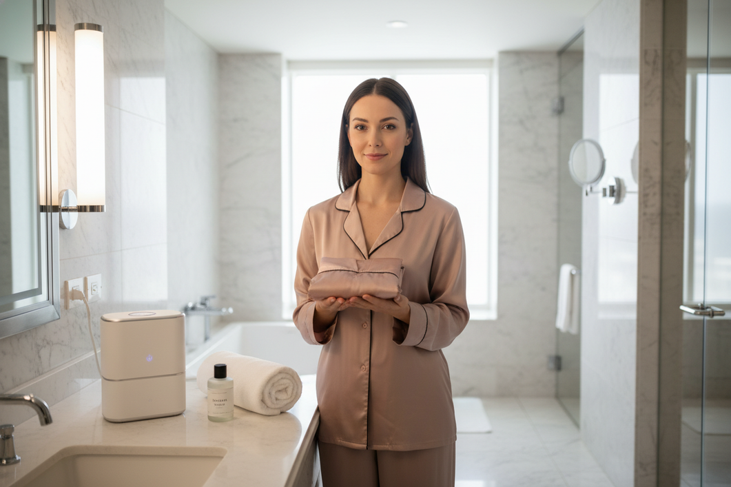 Traveler inspecting a silk pajama set beside a portable ultrasonic cleaner in a hotel bathroom