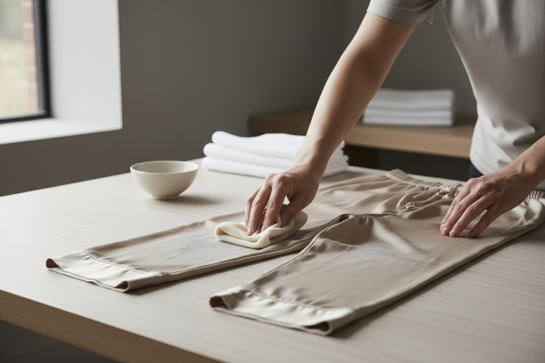 Silk pajamas laid flat while ash is gently brushed away with a soft cloth before washing.