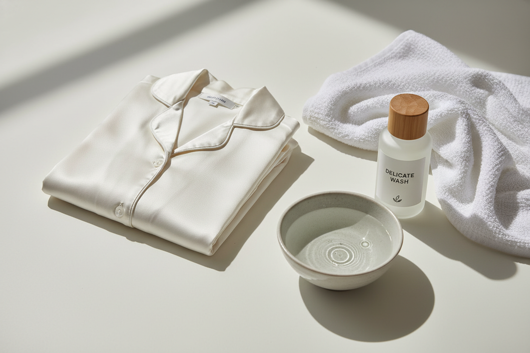 Silk pajamas, cool water, a soft cloth, and gentle detergent arranged for careful residue removal
