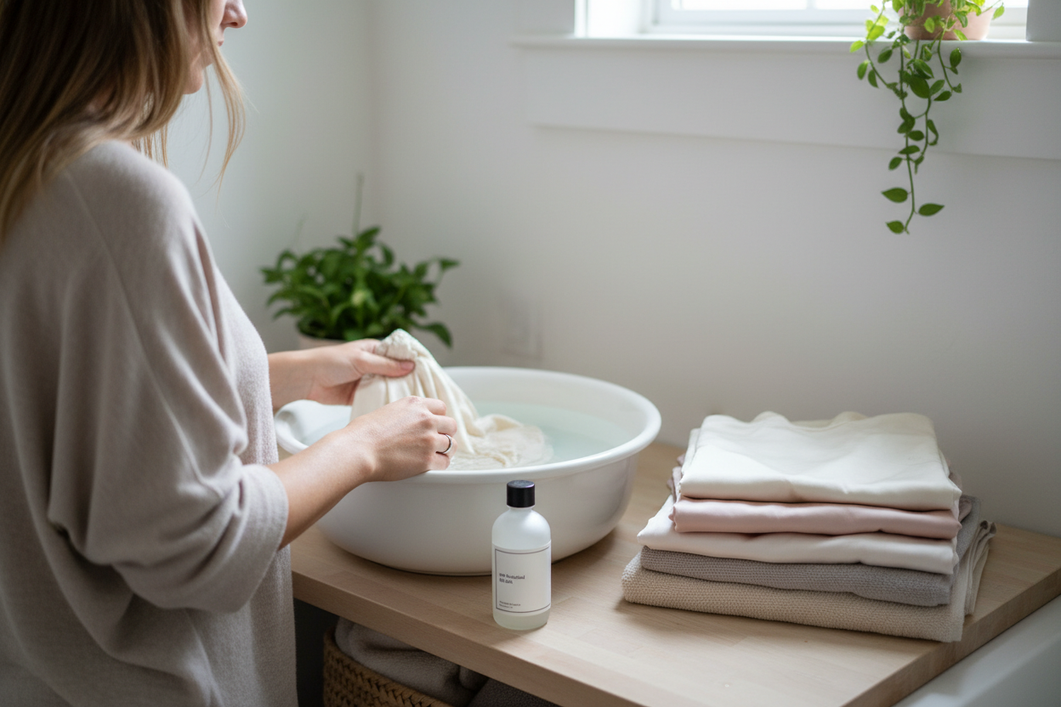 A calm postpartum laundry setup with silk pajamas, a wash basin, and gentle detergent on a bright morning