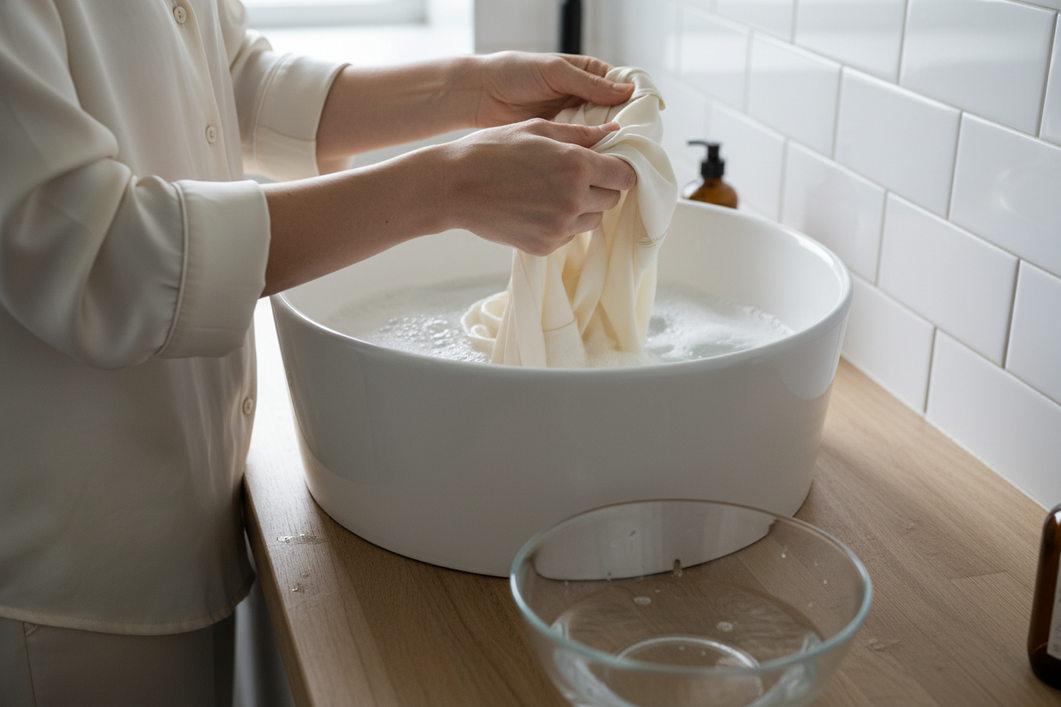Silk pajamas being washed gently with clean rinse water in a home laundry setting